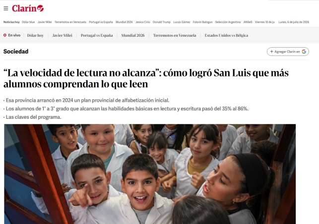 CLARÍN DESTACÓ LOS AVANCES EN EDUCACIÓN DE LA PROVINCIA DE SAN LUIS